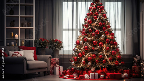 Interior living room with sofa and view to the street with golden Christmas tree with red balls. Merry christmas