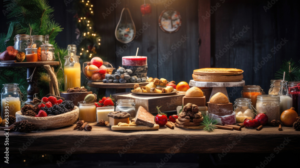 Christmas table with fruits and cheeses. Merry Christmas Christmas table with fruits and cheeses. Merry Christmas