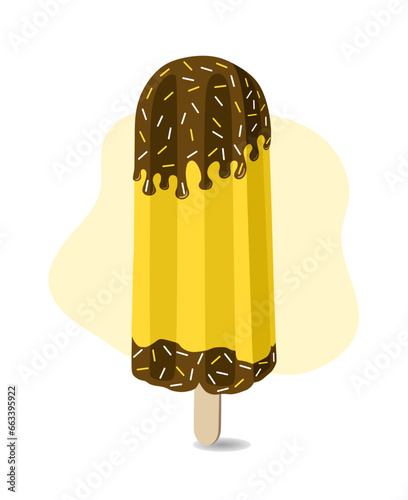 Yellow ice cream with chocolate on stick.