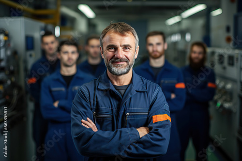 Guardian of Industry Confident Maintenance Engineer in Uniform and Hard Hat at Factory Station. created with Generative AI