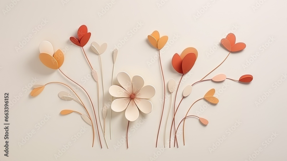  a group of paper flowers on a white background with a red and orange flower.  generative ai