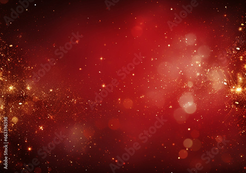 Elegant luxurious red background adorned with shimmering yellow gold stars and small bokeh, creating internationally renowned graphic for various festive celebrations. Generative AI. photo