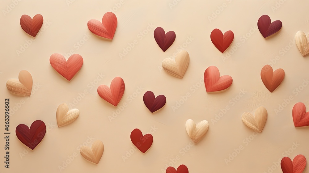  a group of hearts on a wall with a beige background.  generative ai