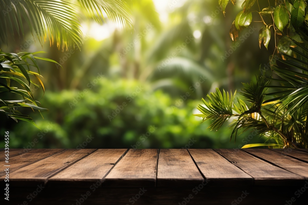 Empty wooden table top on blur tropical forest background Empty wooden table top on blur tropical forest background