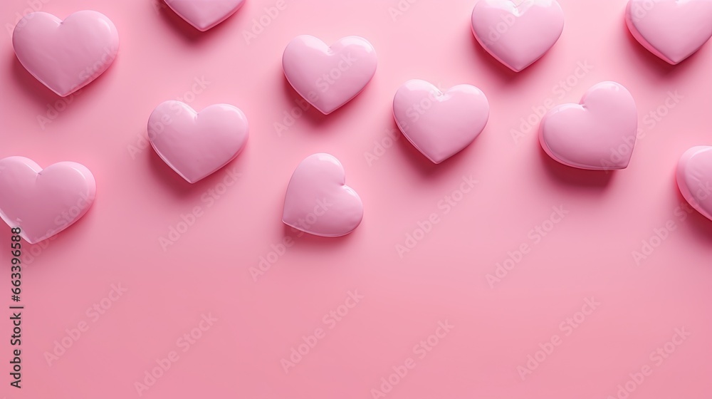  a group of pink hearts on a pink background with copy space.  generative ai
