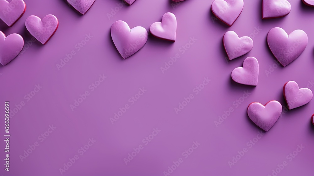  a bunch of pink hearts on a purple background with space for text.  generative ai