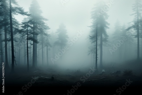 Winters secrets A 3D illustration of a foggy, smoky pine forest