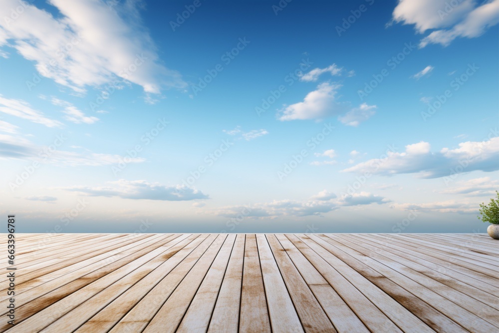 Wooden floor meets the open sky in a seamless, elegant contrast