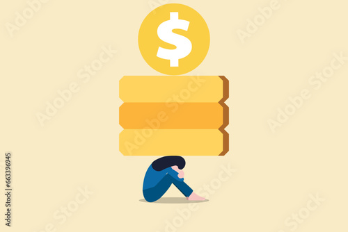 Business woman bent by huge coin. Concept for burden of taxes, financial debts, payment of interest to creditors