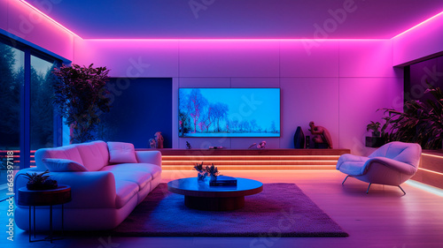 Modern spacious living room with lots of neon lights and LED strips.