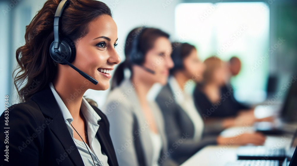 Call center workers. Men and women with headphones and microphone headset. Call center workers. Men and women with headphones and microphone headset.