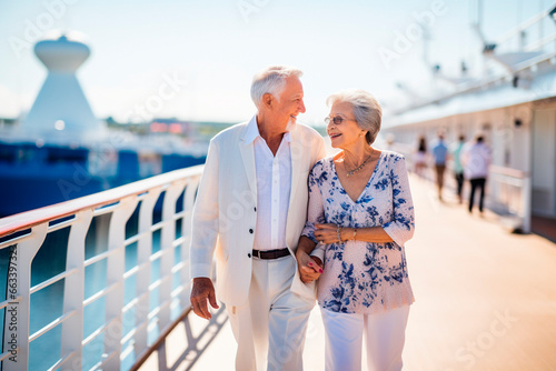 Mature couple wife and husband walking along a cruise ship deck.