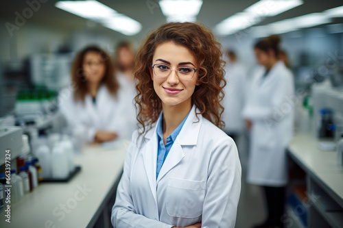 Pioneering Progress Inspiring Young Female Scientist Leads a Team of Specialists in a Modern Medical Science Laboratory. created with Generative AI