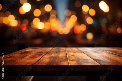 Wooden table and bokeh lights make an ideal product display setting