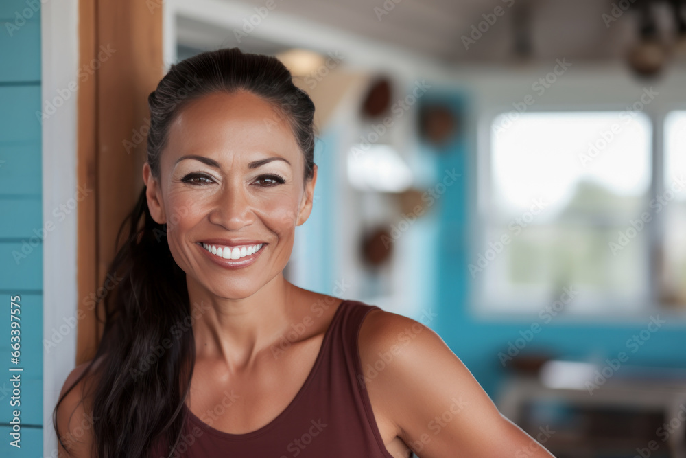 Indoor portrait of smiling woman in a home with blue walls.
