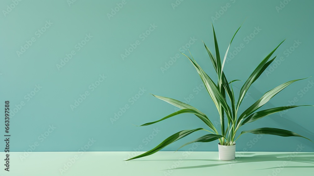  a green plant in a white vase on a table against a blue wall.  generative ai