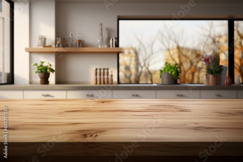 Wooden table on a contemporary kitchen background with a soft blur