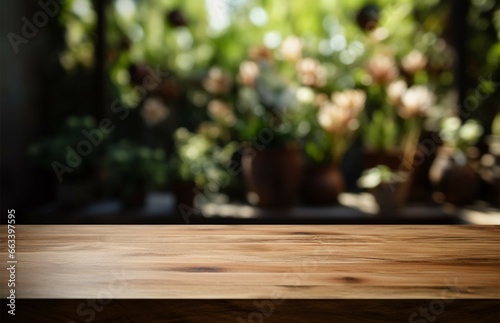 Wooden table space with an outdoor garden backdrop for marketing