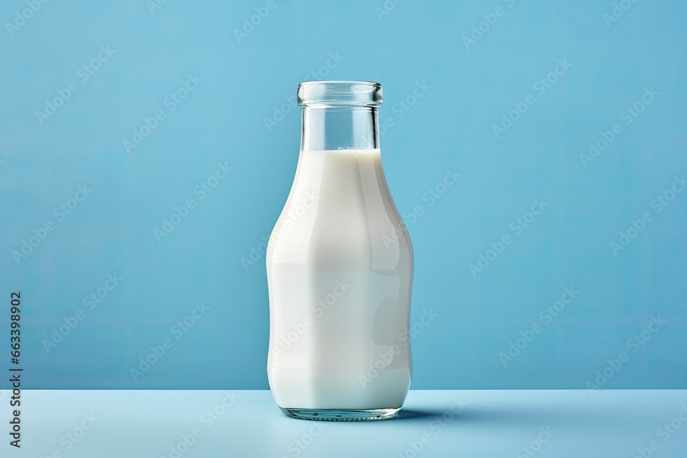 A glass bottle with full milk on blue background. A glass bottle with full milk on blue background.