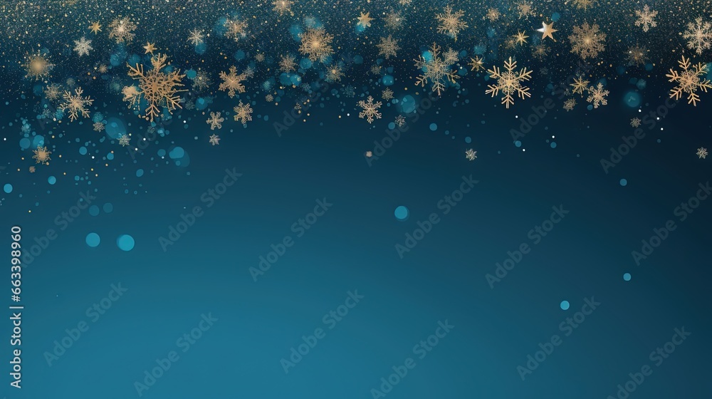 a blue background with gold snowflakes and bubbles on it.  generative ai - obrazy, fototapety, plakaty 