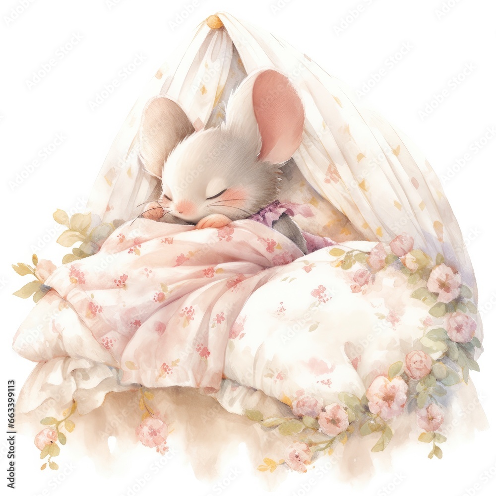 A sleepy baby mouse in a bedding, watercolor illustration. A sleepy baby mouse in a bedding, watercolor illustration.