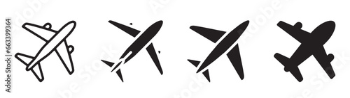 Collection of airplane silhouettes in different styles and angles. Vector icons for travel, transport, aviation, and flight themes. Design elements for logo, banner, poster, and web.