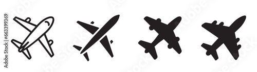 Collection of airplane silhouettes in different styles and angles. Vector icons for travel, transport, aviation, and flight themes. Design elements for logo, banner, poster, and web.