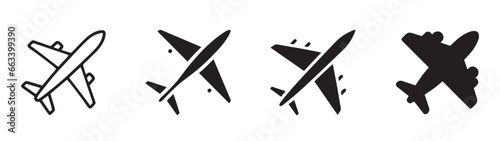 Collection of airplane silhouettes in different styles and angles. Vector icons for travel, transport, aviation, and flight themes. Design elements for logo, banner, poster, and web.