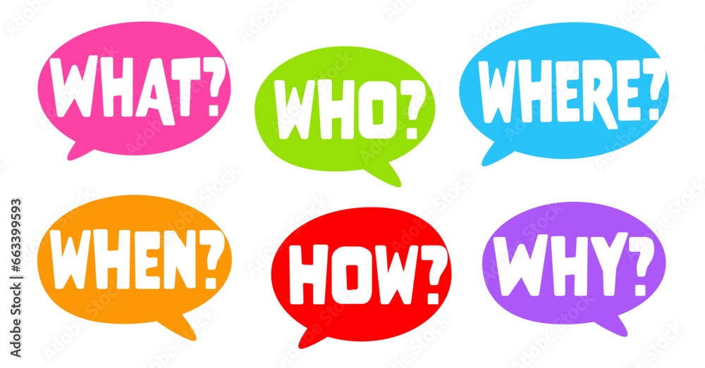 5W1H questions speech bubble set: what?, who?, where, when?, how? and why? 5W1H questions speech bubble set: what?, who?, where, when?, how? and why?