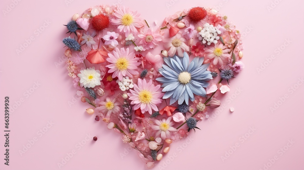  a heart shaped arrangement of flowers on a pink background with space for text.  generative ai