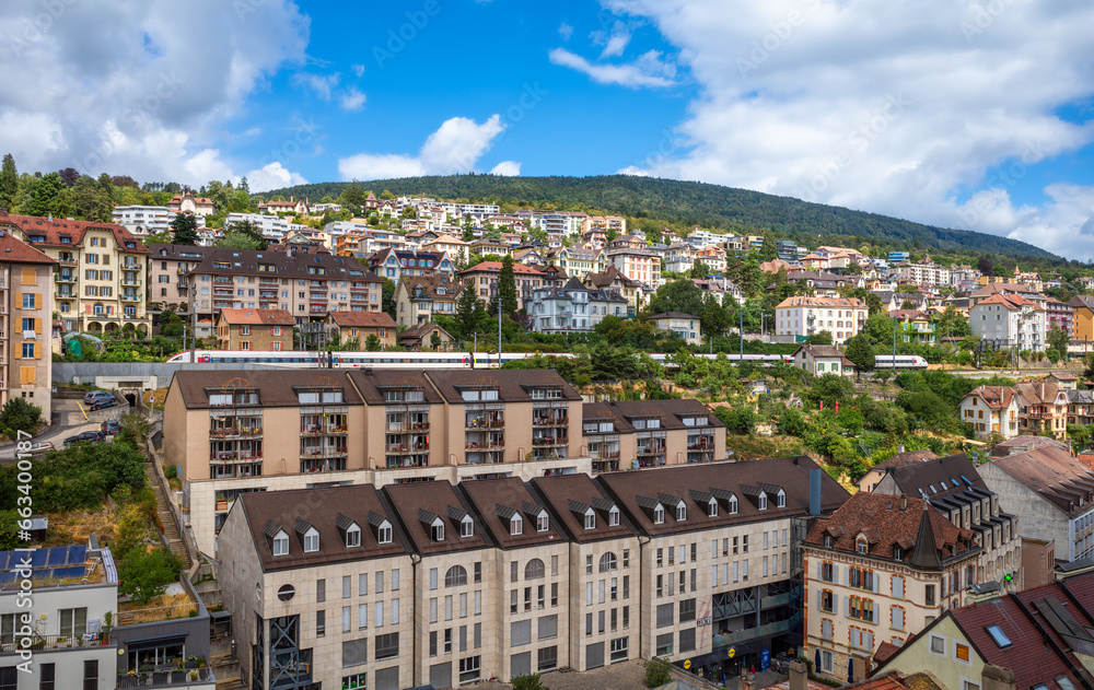 Neuchatel, Switzerland - August 7, 2023: Neuchatel, the French-speaking capital of the Swiss canton of the same name, lies on the northern shore of Lake Neuchatel.