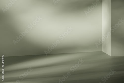 Viridis color or earthy green background for product presentation with shadow and light from windows. 3D illustration.
