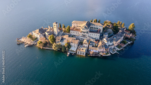 Aerial view of San Giulio island, Orta Lake, Italy photo