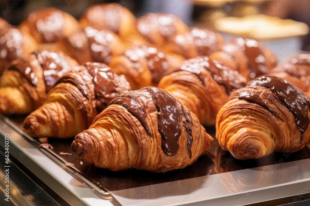 Chocolate croissants in bakery.