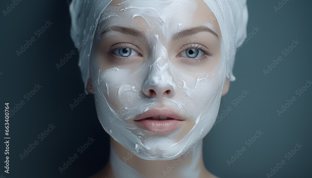 Close-up portrait of a woman with a cosmetic mask. Girl with blue eyes isolated on dark blue background. Close-up portrait of a woman with a cosmetic mask. Girl with blue eyes isolated on dark blue background.