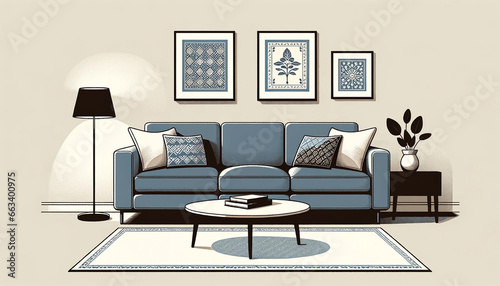 Photo of a minimalist living room featuring batik wall decorations and a pitch-blue sofa as the centerpiece