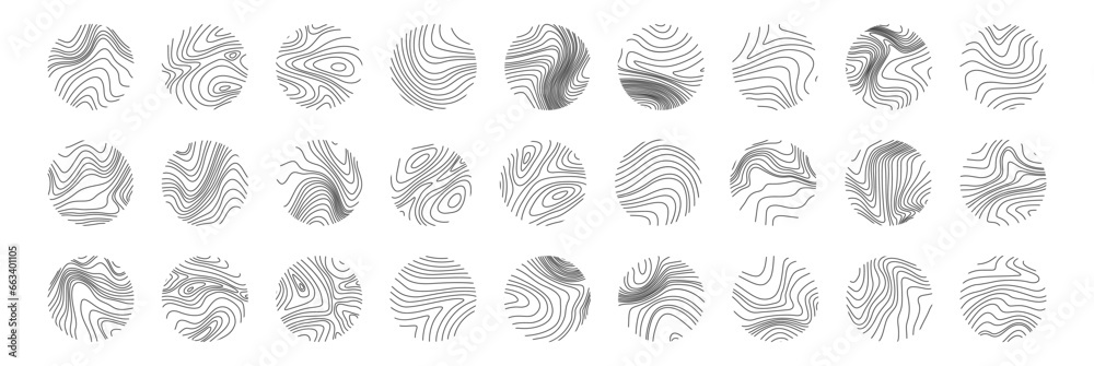 Tree ring texture. Wooden rings. Circle topographic map. Black line print in circle on white background. - obrazy, fototapety, plakaty 