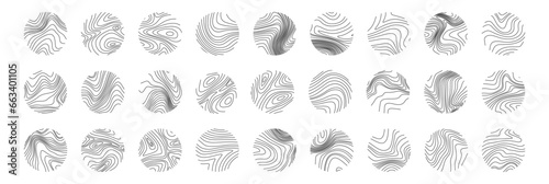 Tree ring texture. Wooden rings. Circle topographic map. Black line print in circle on white background.