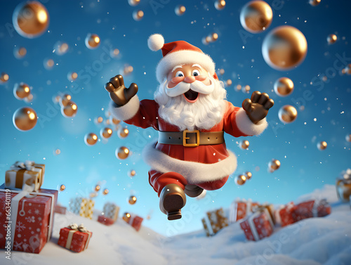 Santa Claus jumping and happy face gold Christmas ball, many gift boxes, funny Christmas