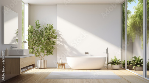 Modern bathroom interior design. Minimalist white open air bathroom with plants