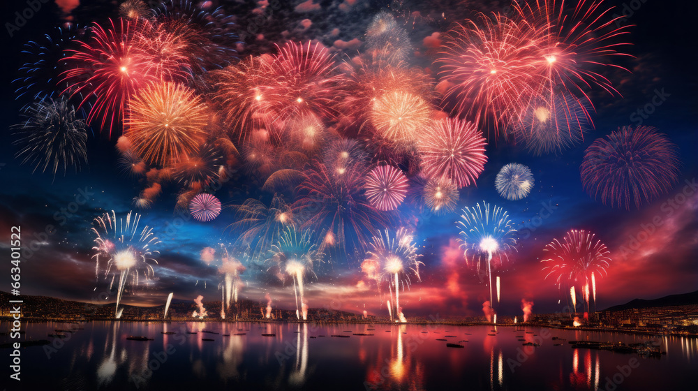 Obraz premium new year vibrant fireworks in the night sky