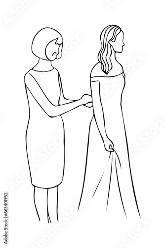mature woman helps girl with dress. The bride and her mother choose a dress or the morning before the wedding. wedding linear illustration in doodle style
