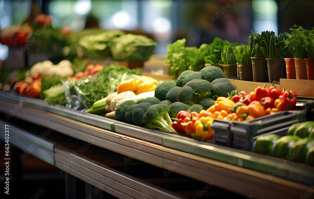 Imagem de legumes e verduras expostos em um supermercado