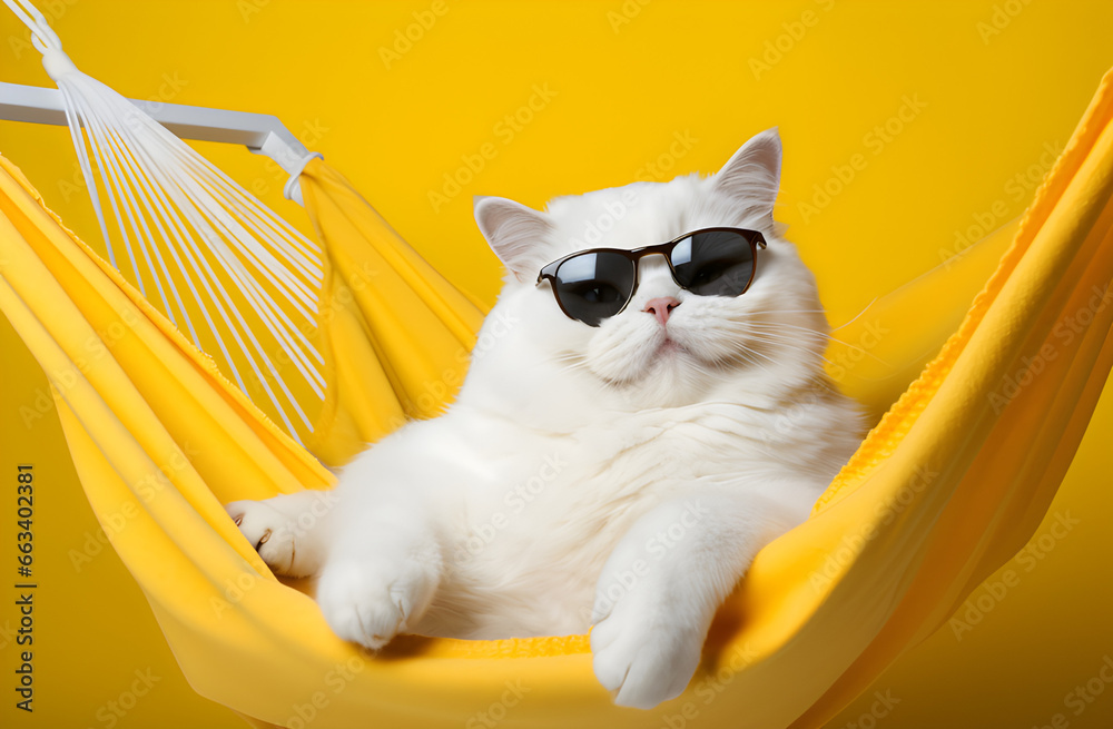 Um lindo gato branco de óculos escuros deitado em uma rede com um fundo moderno em tom de amarelo - obrazy, fototapety, plakaty 
