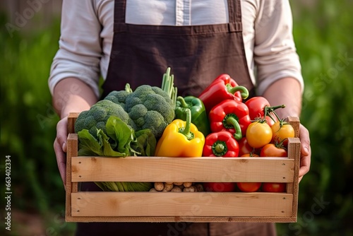 Farmer man holding wooden box full of fresh raw vegetables.