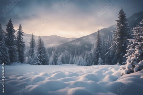 Winter landscape with snow and fir trees as vintage christmas wallpaper © ArtisticLens