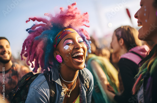 Uma linda mulher sorridente com cabelos coloridos visual moderno em um festival de musica