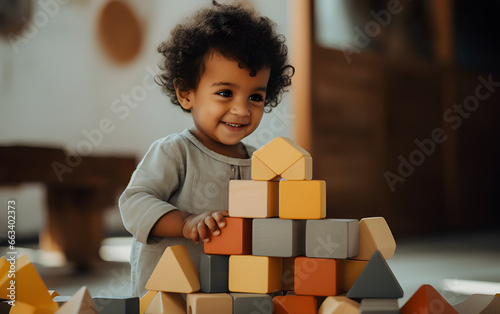 Criança sorridente brincando com blocos de madeira photo