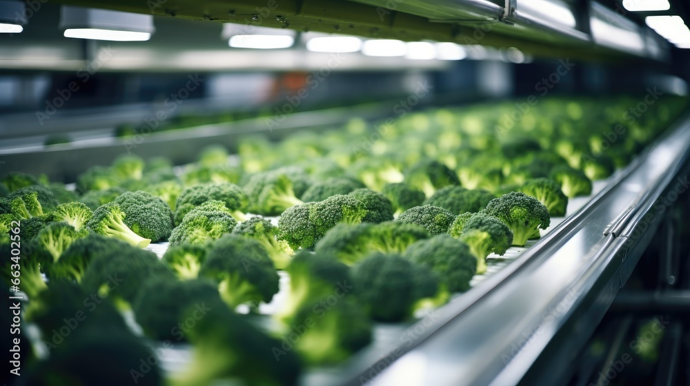 Broccoli, Production of broccoli on conveyor belt in factory, Concept with automated food production. - obrazy, fototapety, plakaty 