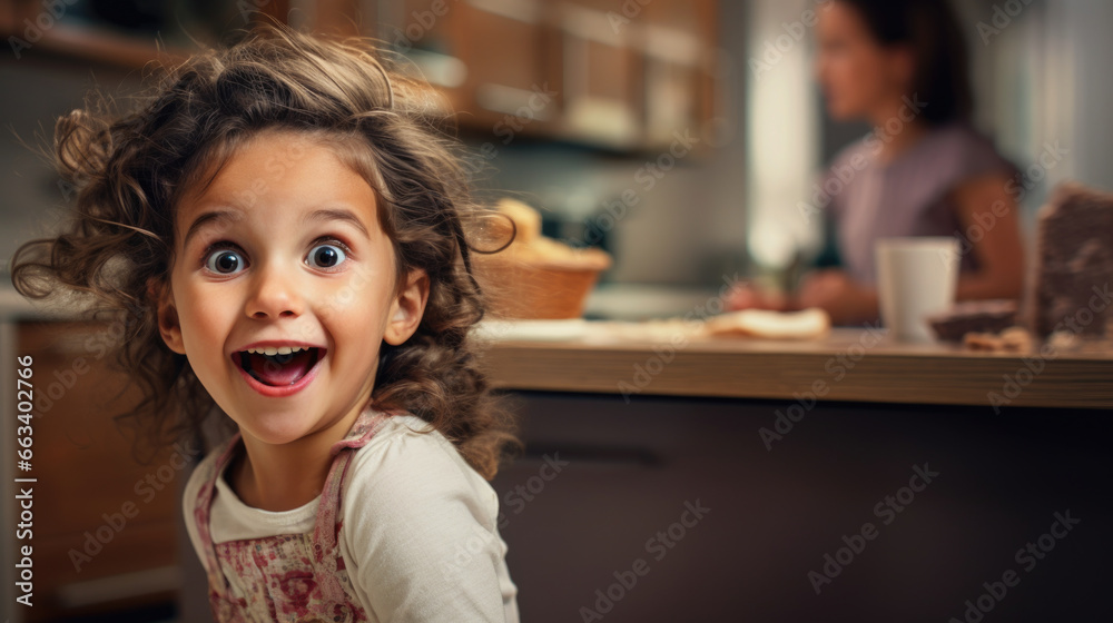 Excited and surprised little girl has fun with her family at home